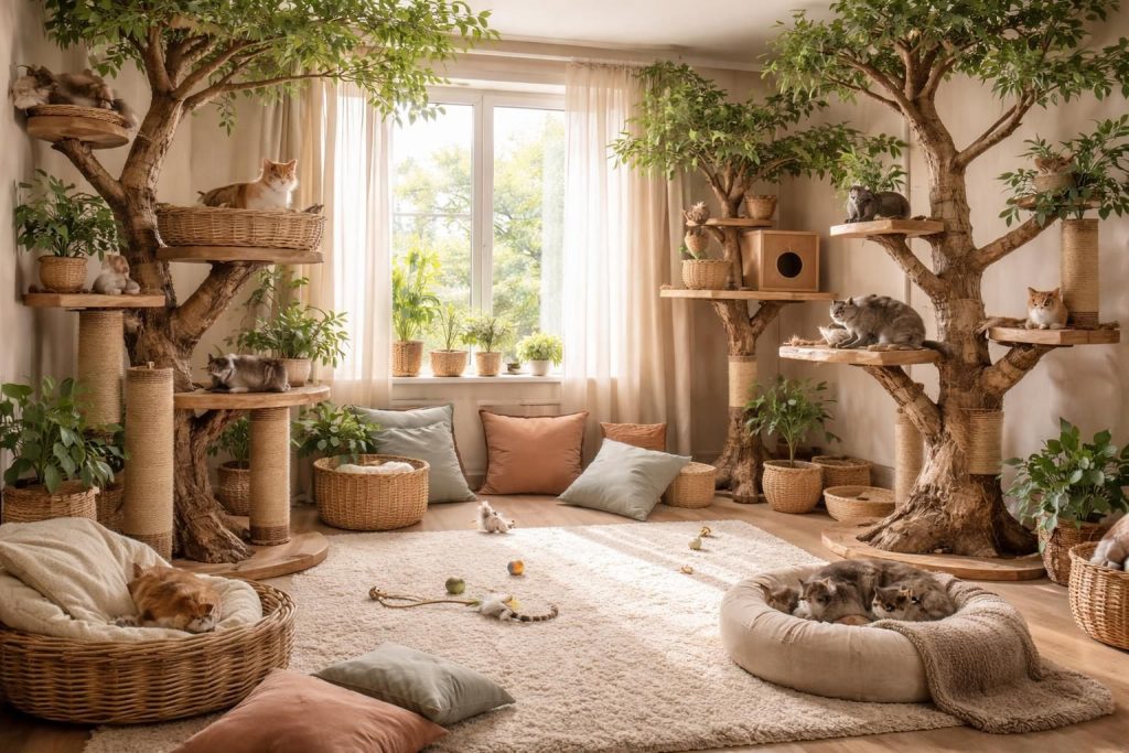 Aménager un refuge pour chats avec arbres et griffoirs intégrés dans une pièce dédiée cosy