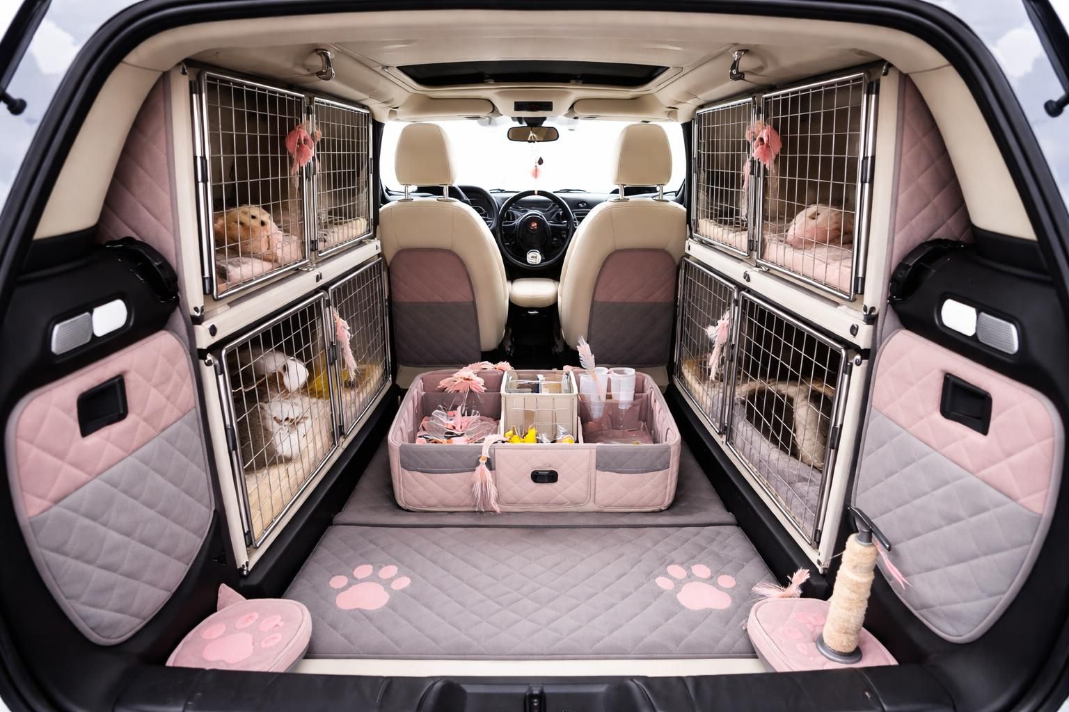 refuge félins propose une mini cooper aménagée spécialement pour transporter en toute sécurité les chats vers des expositions félines sportives, alliant confort et praticité pour vos compagnons.