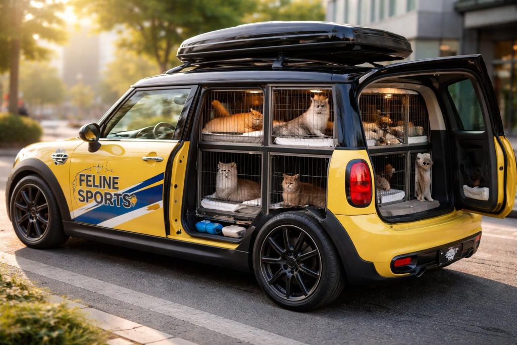 Refuge félins : Mini Cooper aménagée pour transporter chats vers expositions félines sportives