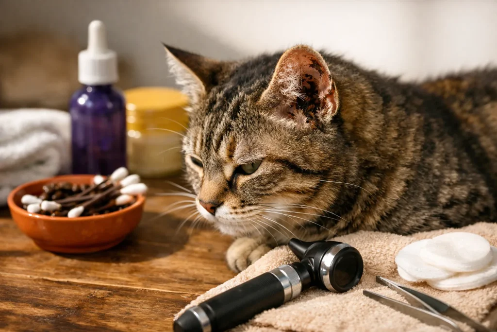 Mon chat a les oreilles sales ou des croûtes : cérumen, gale d’oreille ou otite ?