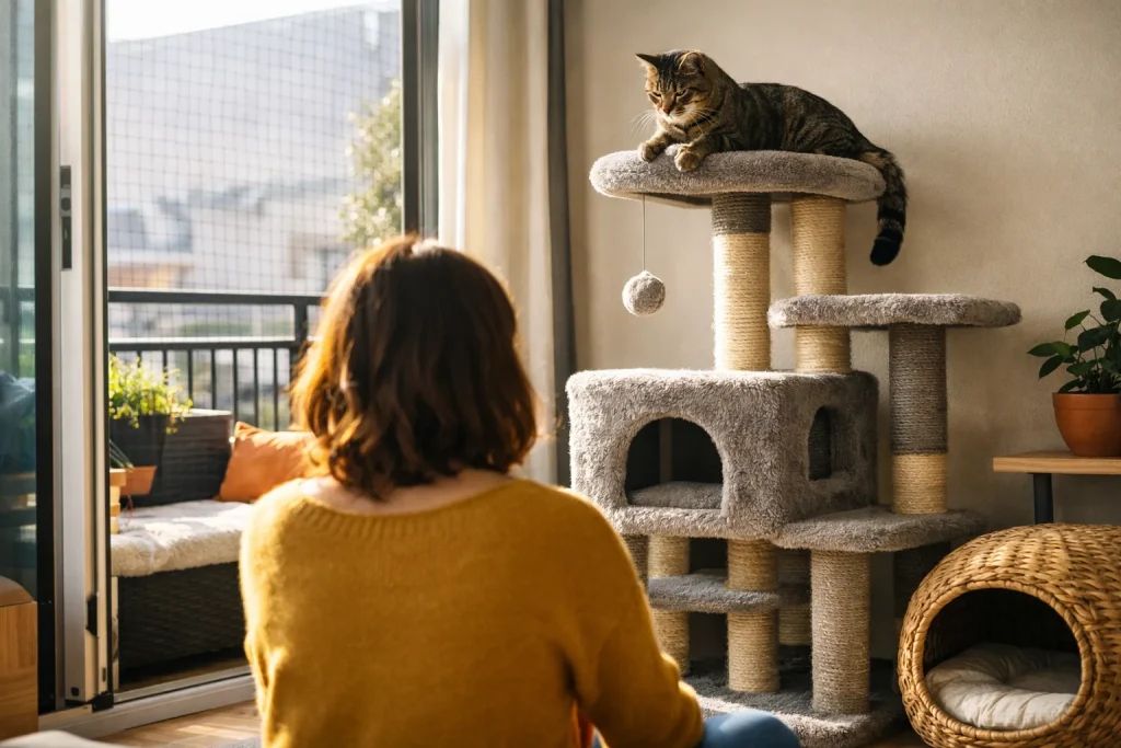 Vivre en appartement avec un chat : balcon sécurisé, arbre à chat, cachettes — l’aménagement qui change tout