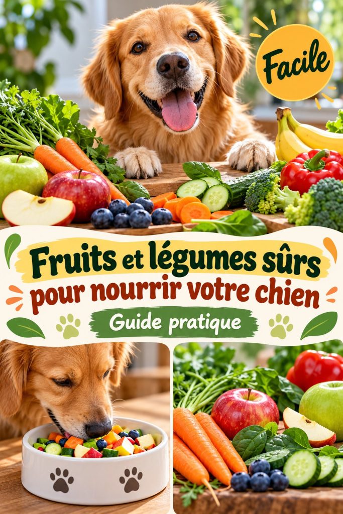 Assiette colorée de fruits et légumes frais pour chiens, incluant des pommes et des carottes.