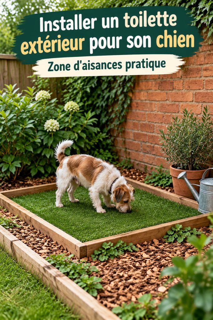 Toilette extérieure pour chien avec gravier bien entretenue dans un jardin