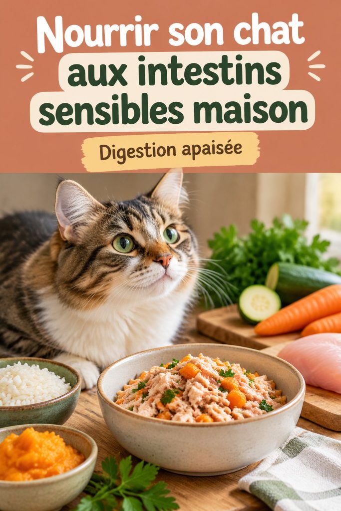 Un chat assis devant un bol de nourriture maison adaptée à sa digestion sensible.