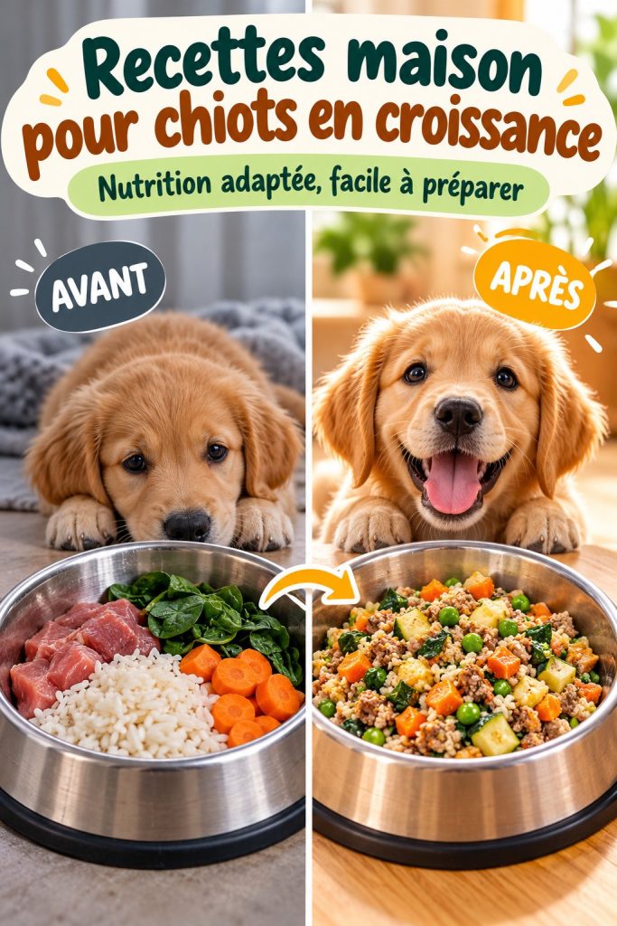 Un chiot heureux mangeant un bol de nourriture maison équilibrée.